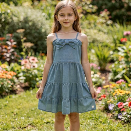 Vestido Jeans Comfort Alças LAÇO Mania Kids 6502 Feminino – Índigo Blue Lavado