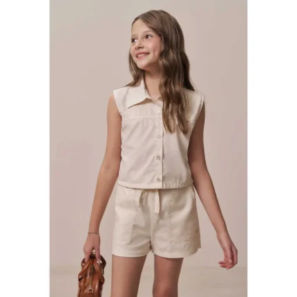 Conjunto Feminino SOCIAL em Linho Camisa Boxy Sem Manga + Short VicVicky 92717 – Offwhite