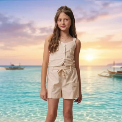 Conjunto Feminino Teen Festa Blusa Alças + Short Cargo VicVicky 94417 – Offwhite