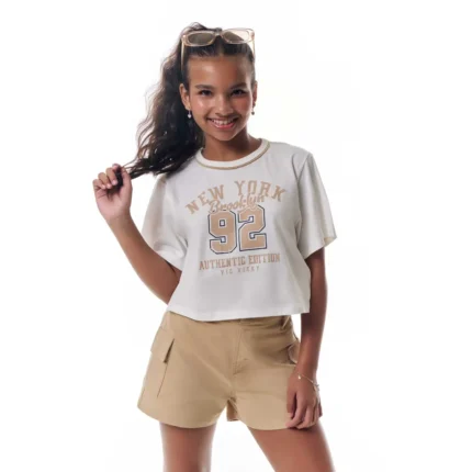 Conjunto Feminino NEW YORK Blusa Manga Curta + Short Cargo VicVicky 95924 – Offwhite / Bege