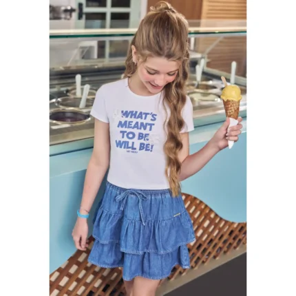 Conjunto Feminino BUTTERFLY Blusa Manga Curta + Saia Jeans VicVicky 96905 – Branco / Índigo Blue