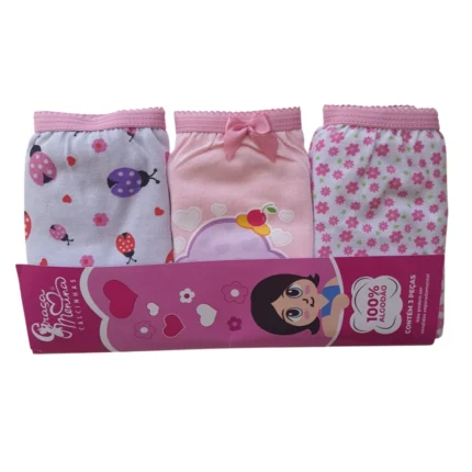 Kit 3 pçs Calcinha Infantil ESTAMPAS DIVERTIDAS Graça Menina 1035 – Cores Claras