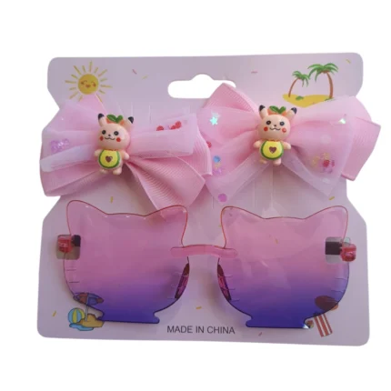 Kit Fashion Óculos Sol Gatinha + 2 Piranhas com Aplique Urso RPC 457 – Cores Variadas