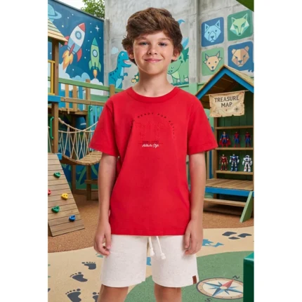 Conjunto Masculino ACTION Camiseta Manga Curta + Bermuda Divertto 60890 – Vermelho / Algodão Cru