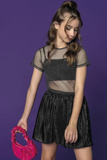 Conjunto Festa Teen Blusa Manga Curta + Top + Saia Plissada Lilimoon 65321 Feminina – Preto