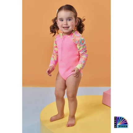 Maiô Manga Longa Zíper BUTTERFLY com FPS 50+ Kukiê 93482 Feminino – Rosa-Neon