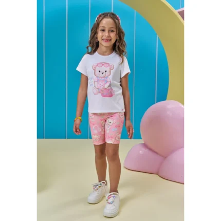 Conjunto Feminino URSINHA Blusa Manga Curta + Bermuda Ciclista Kukiê 95591 – Branco / Rosa