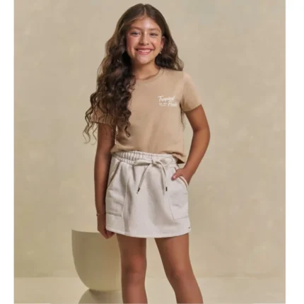 Conjunto Feminino TROPICAL PARADISE Blusa Boxy Manga Curta + Short-Saia Lilimoon 95821 – Bege / Algodão-Cru