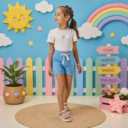Conjunto Feminino Concha do Mar Blusa Manga Curta + Short Kukiê 95870 – Areia / Azul Angel