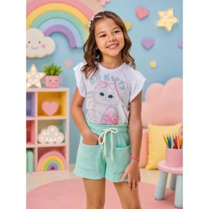 Conjunto Feminino Gatinha Blusa Manga Curta + Short Kukiê 95971 – Branco / Verde-Água