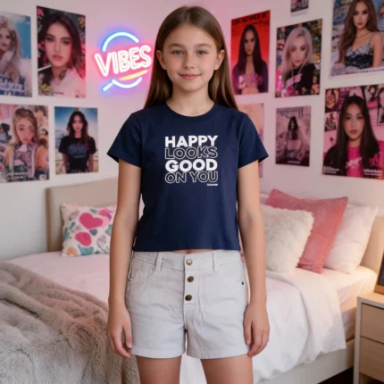 Conjunto Feminino HAPPY Blusa Boxy Manga Curta + Short Lilimoon 96289 – Marinho / Branco