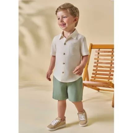 Conjunto Social Camisa Manga Curta Linho + Bermuda Sarja Luc.Boo 96403 Masculino – Offwhite / Verde