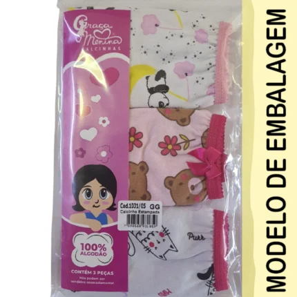 Kit 3 pçs Calcinha Infantil LISA Graça Menina 1183 – Branco / Rosa / Pink